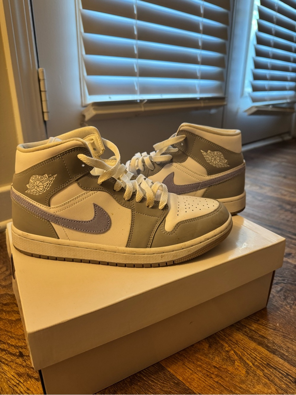 Jordan Mid-Top Sneakers in White, Gray and Lavender